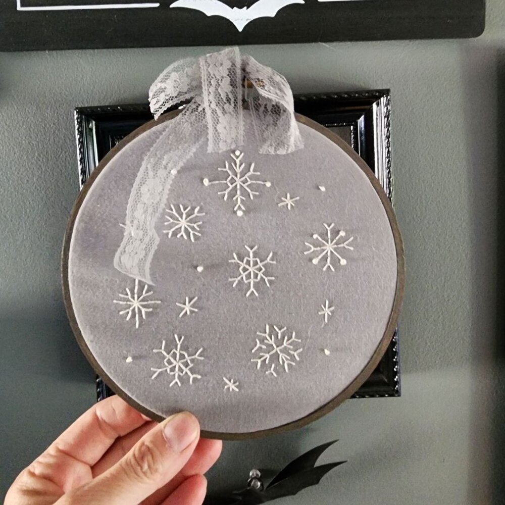 Embroidered Hoop Art, Snowflakes, 6" Stained Gray Wooden Frame, Snow,